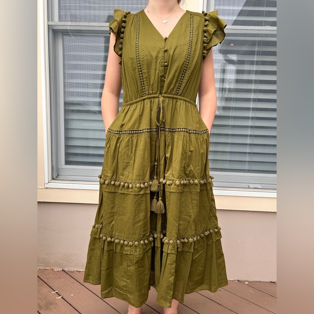 J. Crew Green Poplin Pom Pom Tiered Maxi Dress